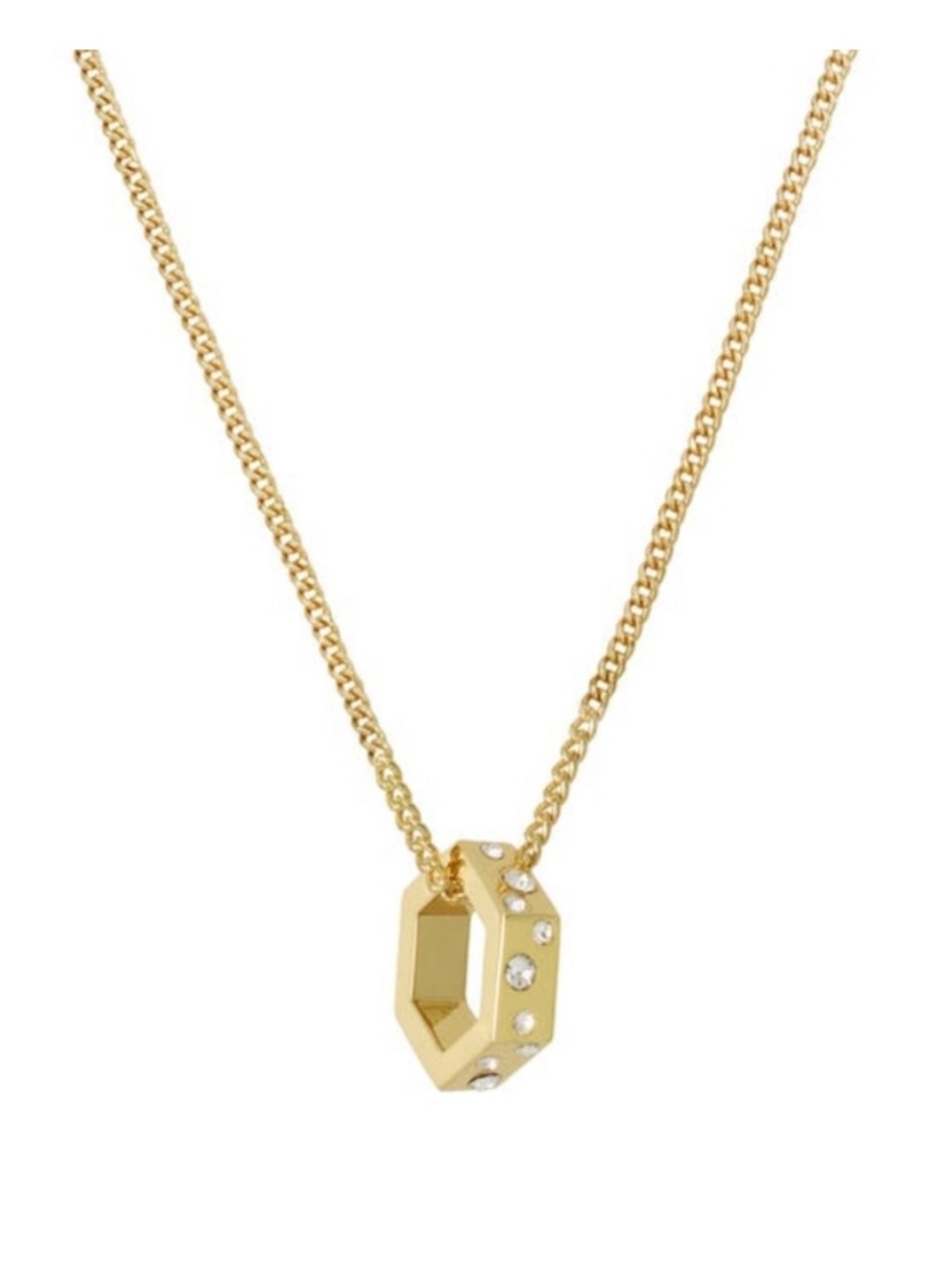 AllSaints Gold Hexagon Pendant Necklace with Clear Stones